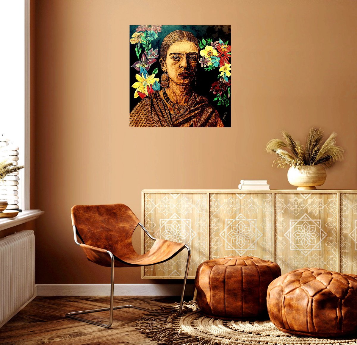 Expressive Portrait Painting By Milis Pyrography, 24 X 24", Frida Kahlo, Original Artwork