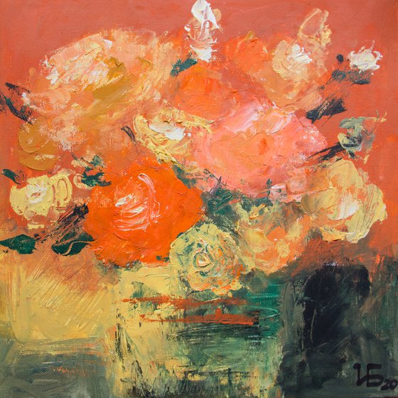 Small still life with red, orange and yellow roses