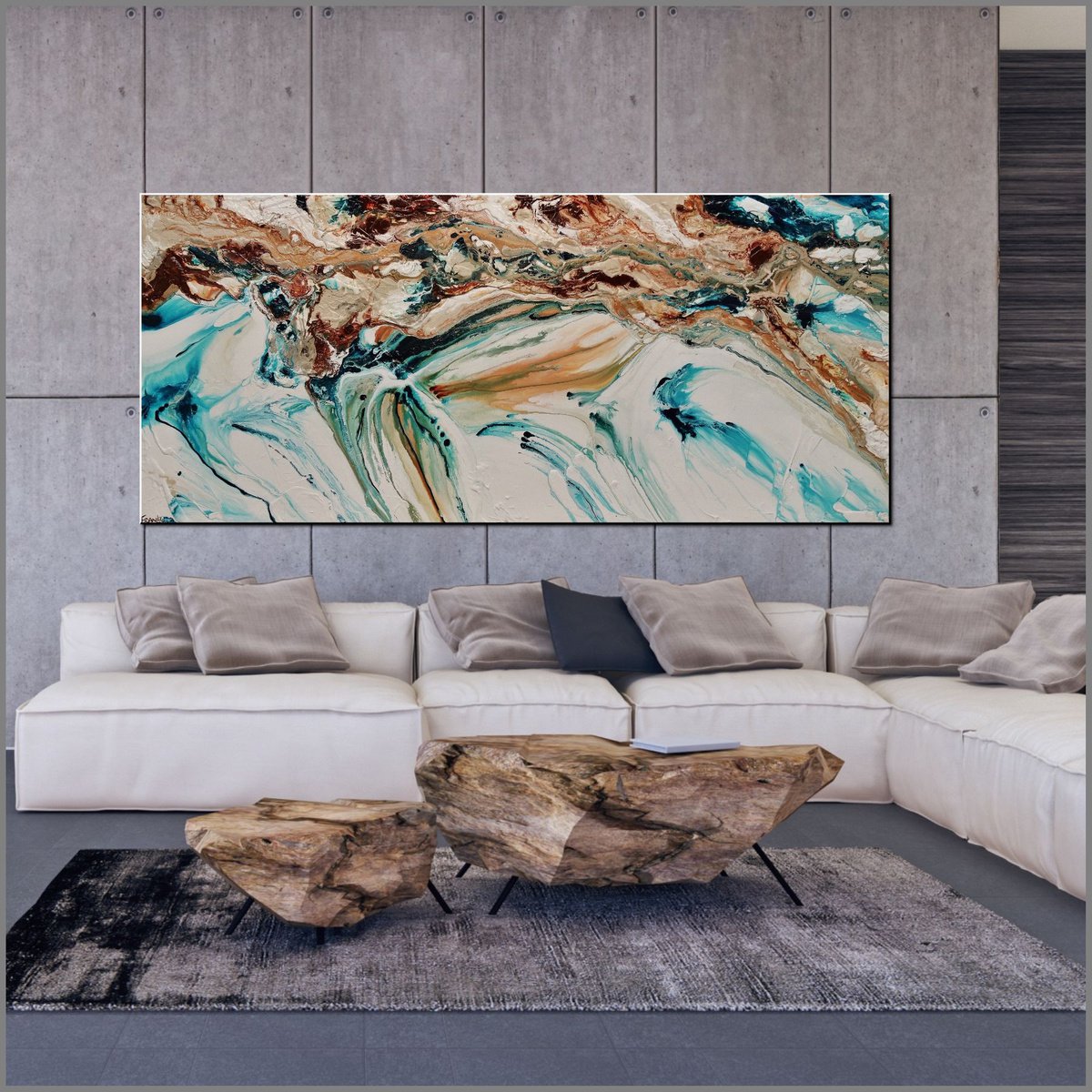 Coastal Rapture 270cm x 120cm Teal Cream Textured Abstract Art Acrylic painting by Franko