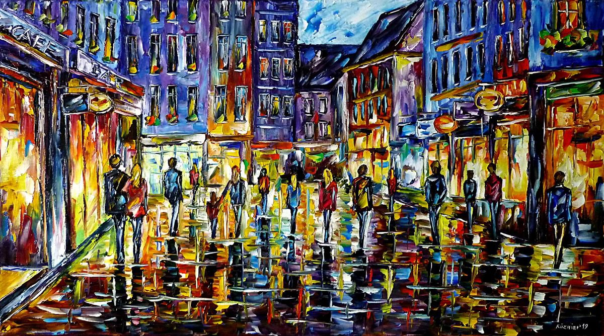 Expressive Cityscapes Oil Painting By Mirek Kuzniar, 35 X 20", City Stroll, Original Artwork