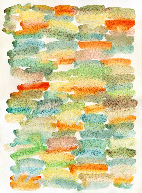 Abstract green and orange watercolor and colored pencils illustration. Tropical mood