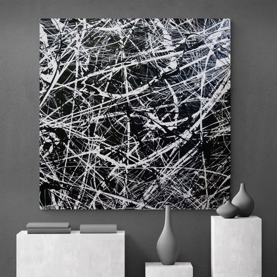 Scatter Brain Squared 150cm x 150cm Black White Textured Abstract Art