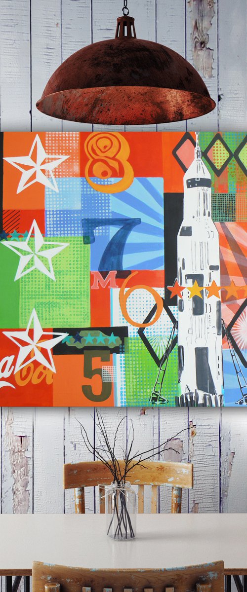 All systems go (rockets and the space age returns in this pop art painting) by Carolynne Coulson