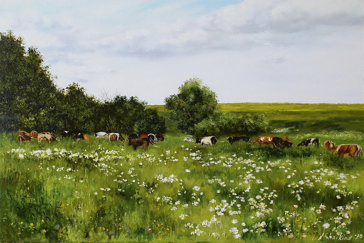 Impressionistic Landscape Oil Painting By Natalia Shaykina, 24 X 16", Cow Meadow, Original Artwork