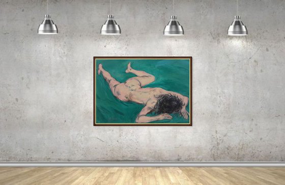 CARTURED BY DREAMS - nude art, original painting, oil on canvas, large abstract painting, green nude girl, interior art home decor, bed room art