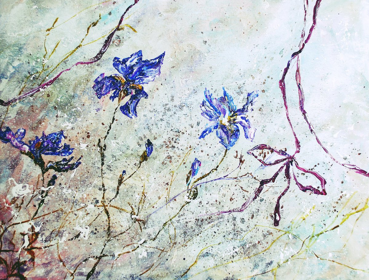 Abstract Botanical Oil Painting By Tetiana Pchelnykova, 16 X 12", Vintage Irises, Original Artwork