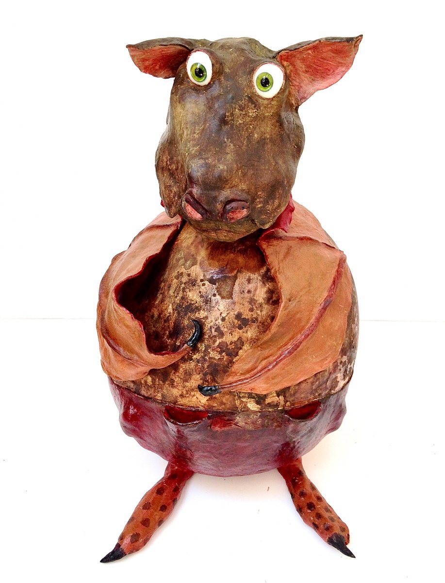 Expressive Animal Wood Sculpture By Eleanor Gabriel, 7 X 13, Hypolite, Original Artwork