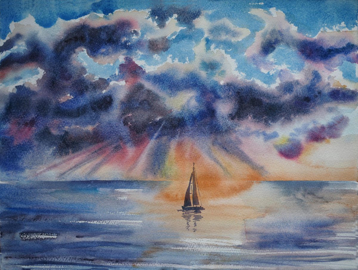 Impressionistic Landscape Watercolour By Delnara El, 15 X 11, Mediterranean Sunset, Original Artwork
