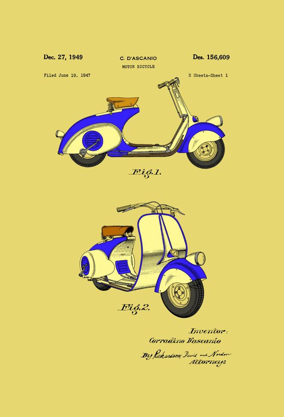 Motor Bicycle Patent - Circa 1949 - Blue and Cream