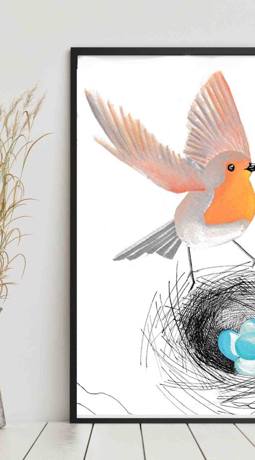 Thoughtful robin bird with nest. by Olha Gitman