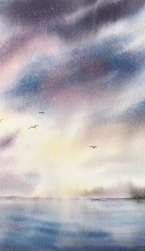 Seascape, thunder sky, clouds, sea, landscape watercolor painting by Olga Grigo