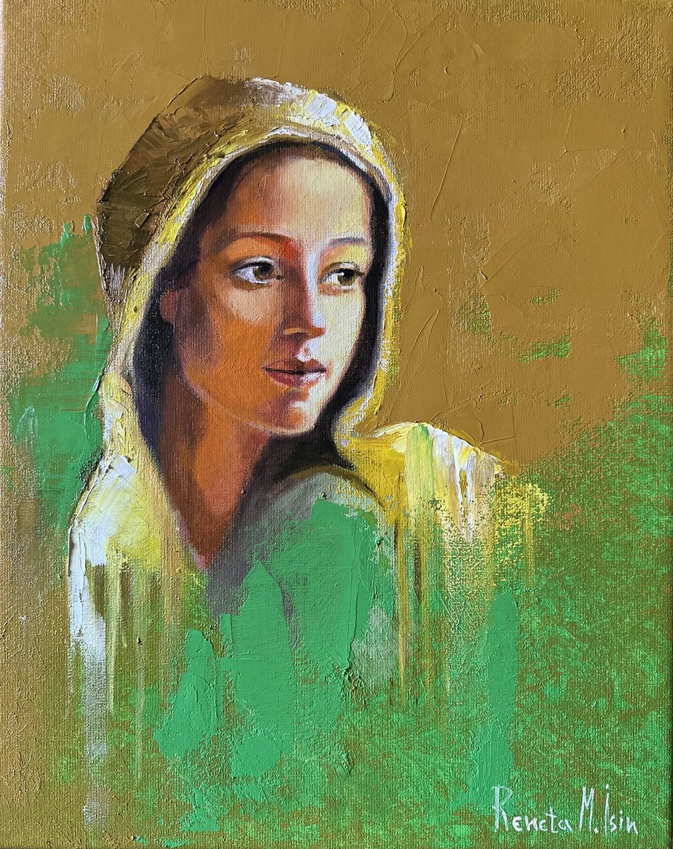 Expressive Portrait Oil Painting By Reneta Isin, 16 X 20", " Waiting ", Original Artwork