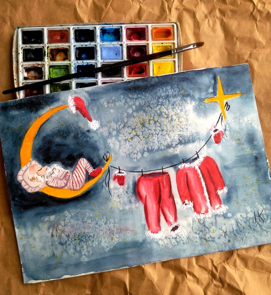 Santa Claus Painting Christmas Original Art Sleeping Santa Small Watercolor Moon Artwork Home Wall Art 14 by 10" by Halyna Kirichenko