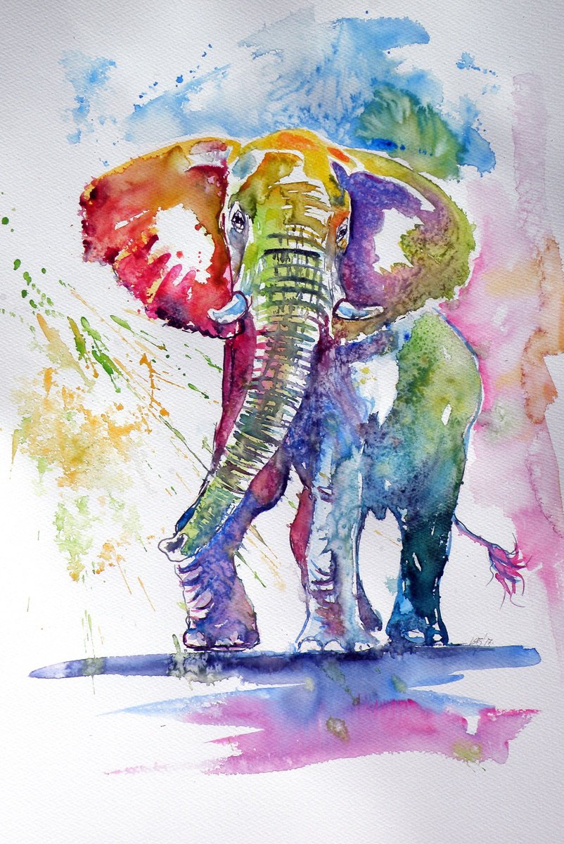 Impressionistic Watercolour , Colorful Elephant Ii By Kovacs Anna Brigitta, 15 X 22, Artwork For Sale On Artfinder