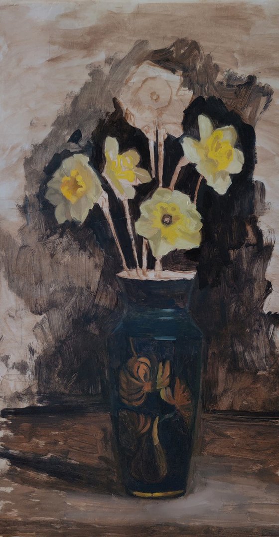 Five daffodils in a dark vase