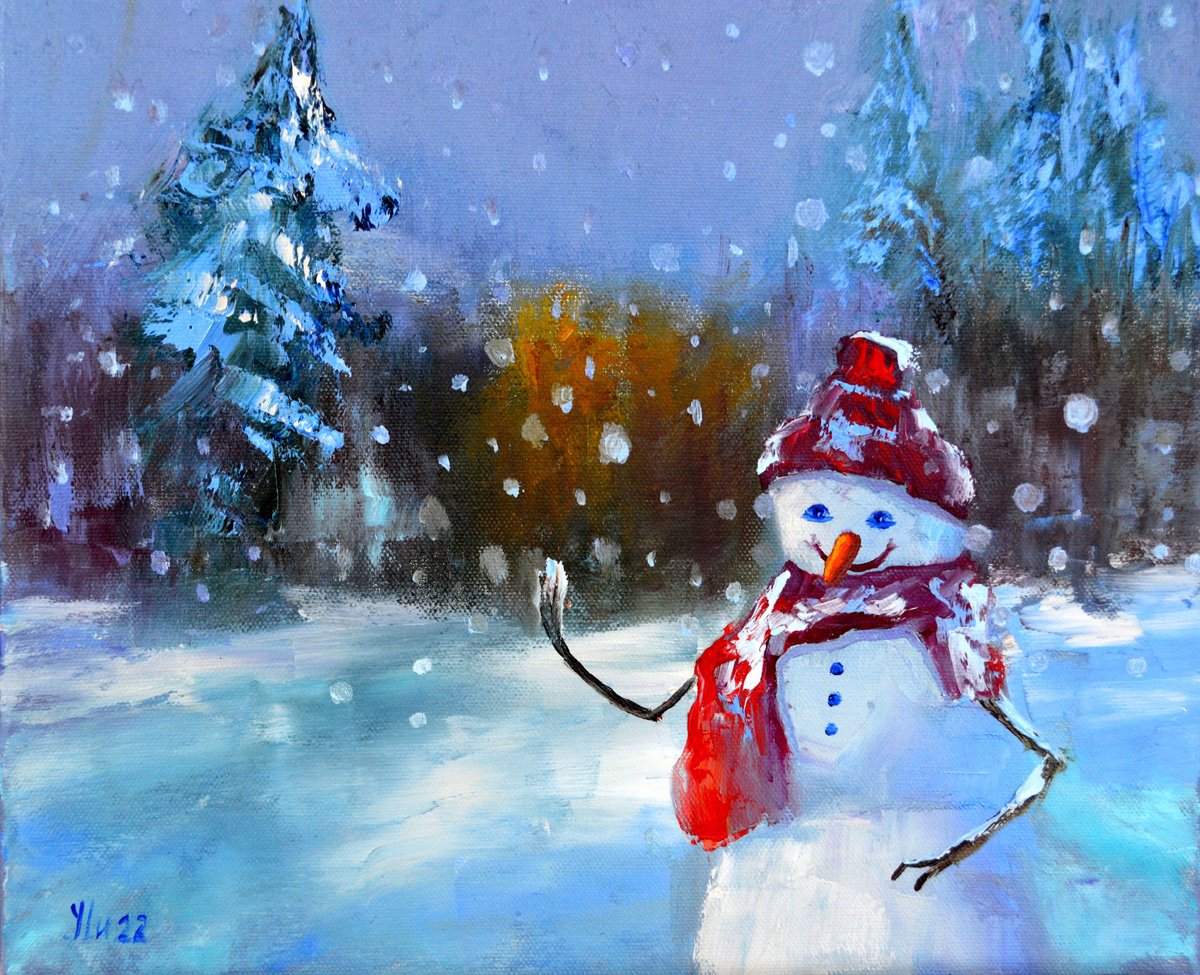 Impressionistic Landscape Oil Painting By Elena Lukina, 12 X 10, Snowman In A Fairy Forest, Original Artwork
