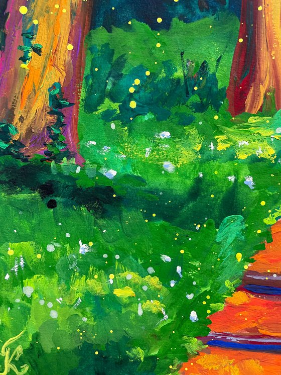 Forest Original Gouache Painting, Green Wall Art, Trees Artwork, Cottagecore Home Decor