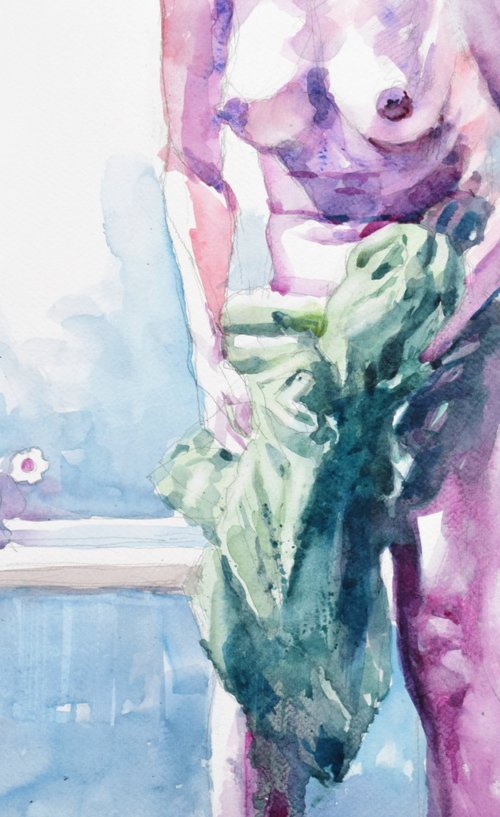 violet nude with green towel by Goran Žigolić Watercolors