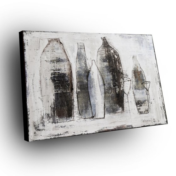 BOTTLES - 110 X 80 CMS - ABSTRACT ACRYLIC PAINTING TEXTURED * WINE * GLASS