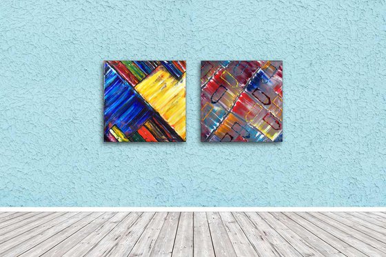 "Are We So Different?" - FREE USA SHIPPING - Save As A Series - Unique PMS Geometric Oil Painting Diptych On Canvas - 40" x 20"