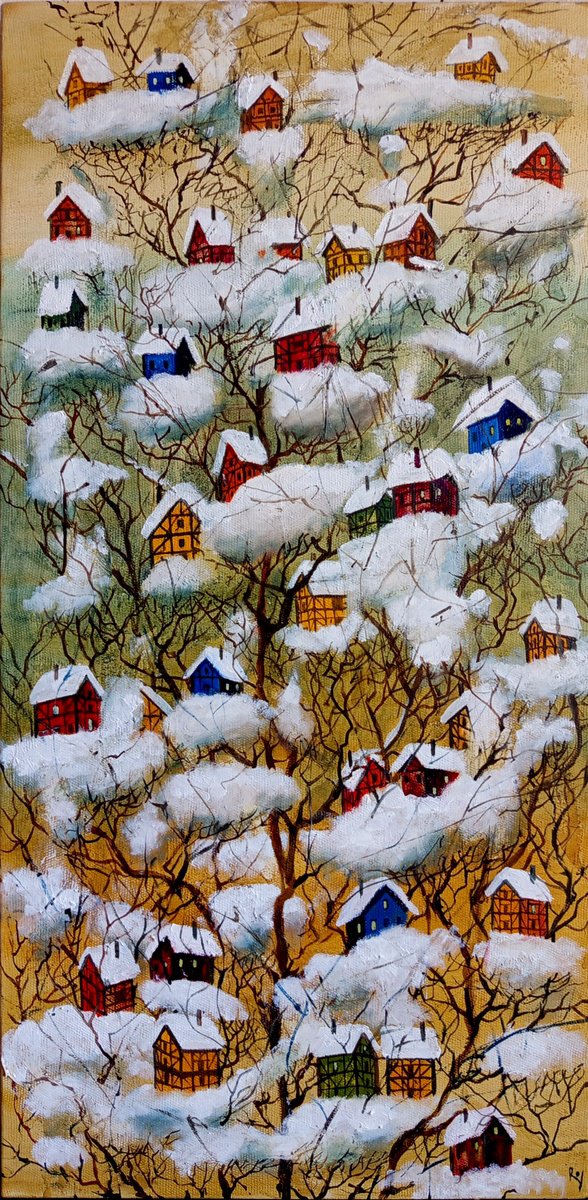 Surrealistic Cityscapes Oil Painting By Serhiy Roy, 16 X 31", Fairytale Tree., Original Artwork