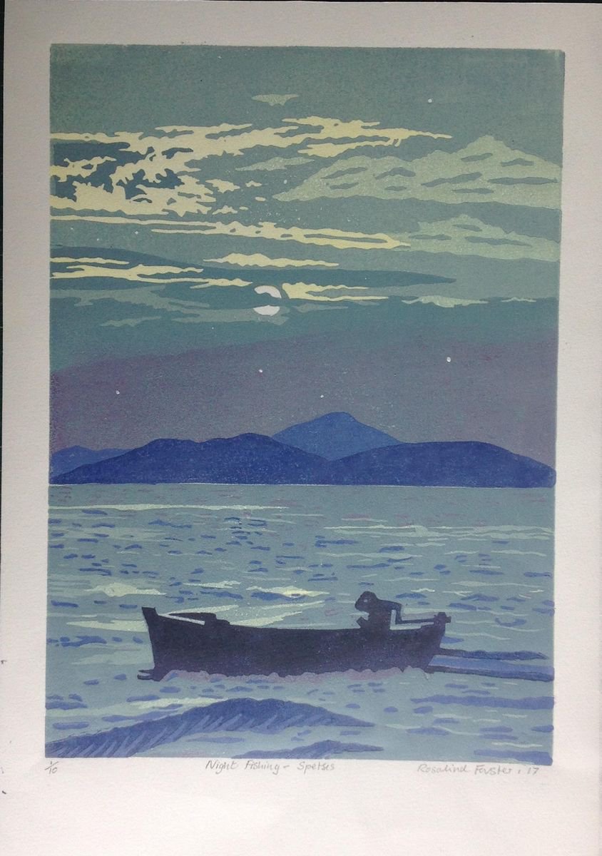 Expressive Landscape Linocut By Rosalind Forster, 10 X 15", Night Fishing Spetses, Original Artwork