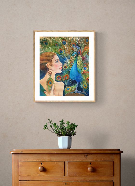 Girl with peacock. Art Deco woman portrait. Interior portrait