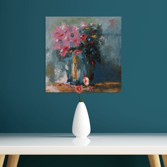 Modern still life oil painting. Flowers in vase. Gift for mother