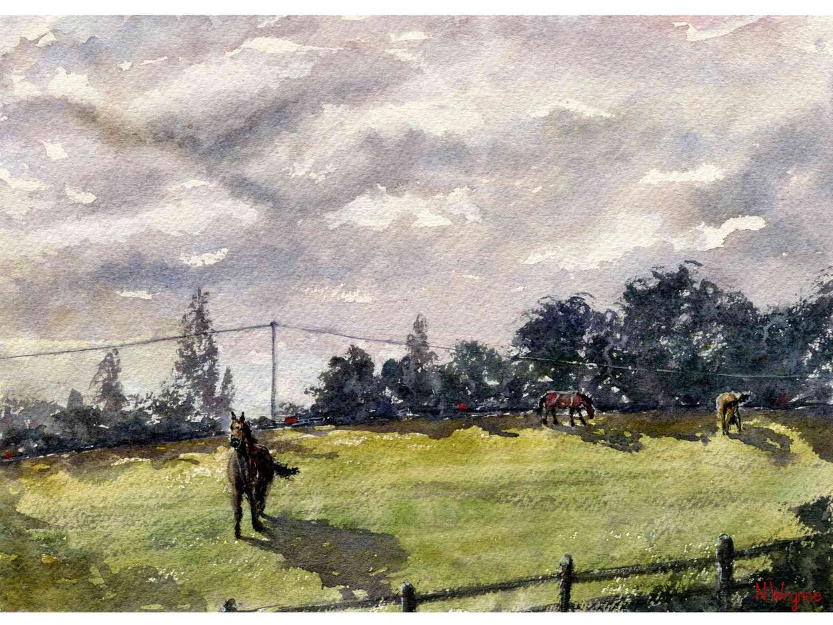 Original Painting - TROTTING OVER - Watercolour Horses Farm landscape Countryside Scene by Neil Wrynne
