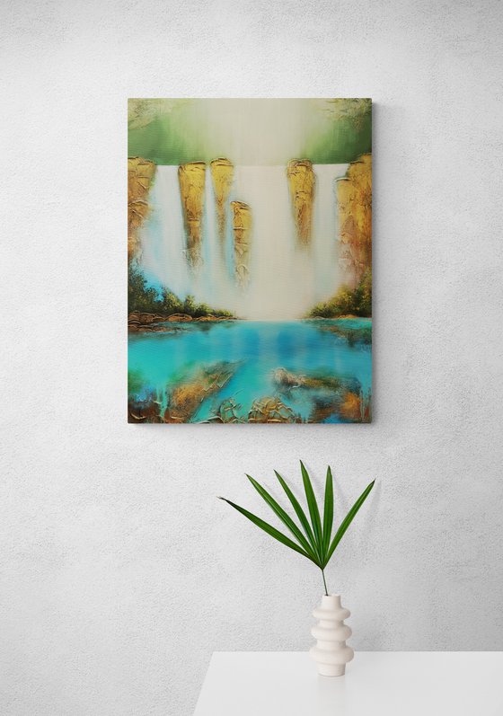A large abstract beautiful structured mixed media painting of a waterfall "Secret place"