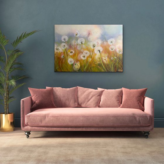 Freedom- dandelion seed painting on canvas
