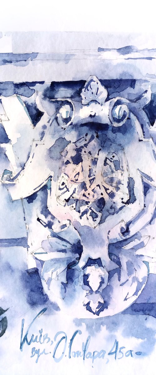 Modern architectural still life "Architectural detail coat of arms on the building. Sketch in blue tones"  original watercolor by Ksenia Selianko