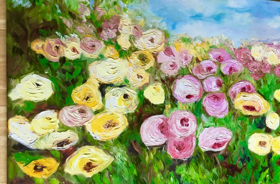 Large size WHITE PINK YELLOW PURPLE  ROSES in a Greenwich rose garden palette  knife modern still life  flowers office home decor gift