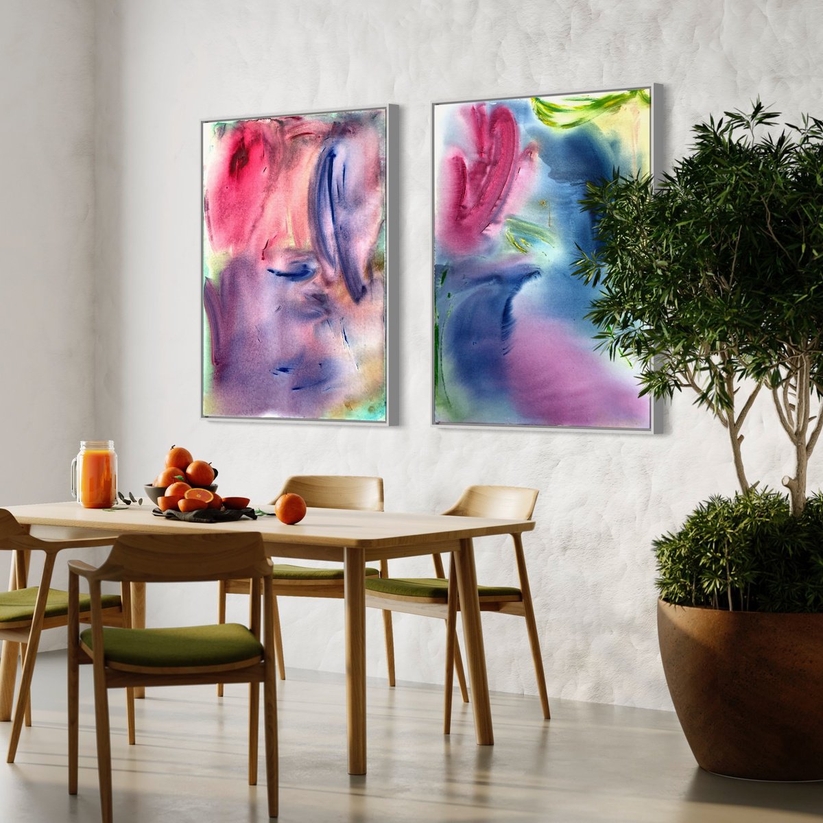 Abstract Diptych ’An Ode to the Rosy Blush of Dawn’ by Makarova Abstract Art