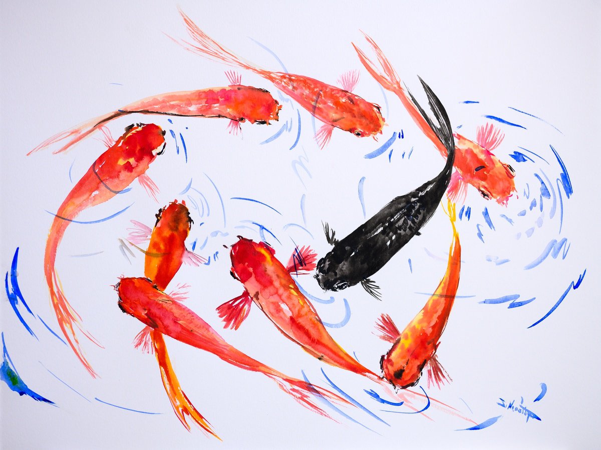 Feng Shui,9 Koi fish Watercolour: Suren Nersisyan | Artfinder