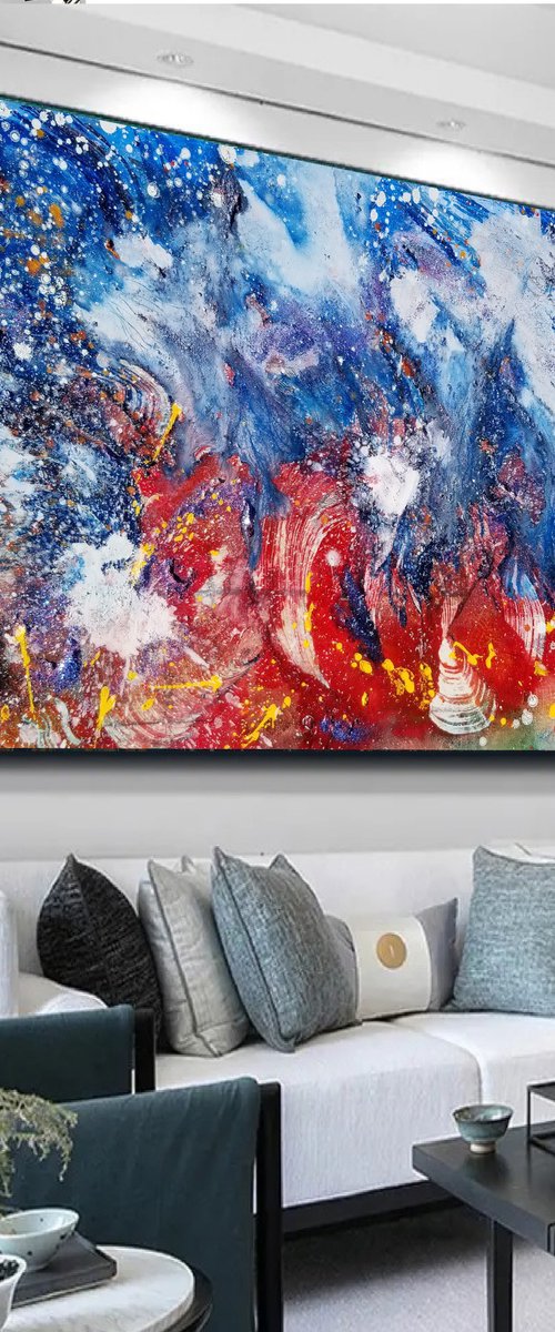 Large Abstract Painting Big Wave Seascape Oil Painting Hawaii Islands Volcano Red Lava Blue Ocean Splash Where The Earth Meets The Ocean by Nikolina Andrea Seascapes and Abstracts