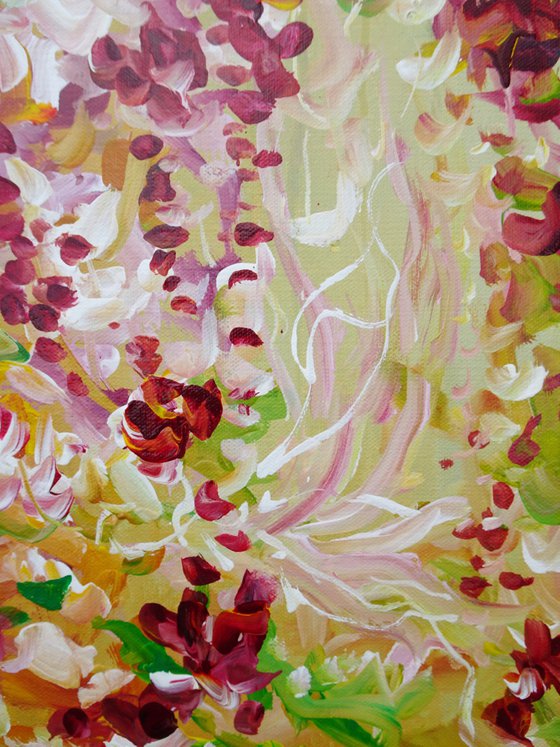 Abstract Tropical Flowers. Floral Garden. Abstract Red Floral Original Painting on Canvas 46x61cm Modern Art