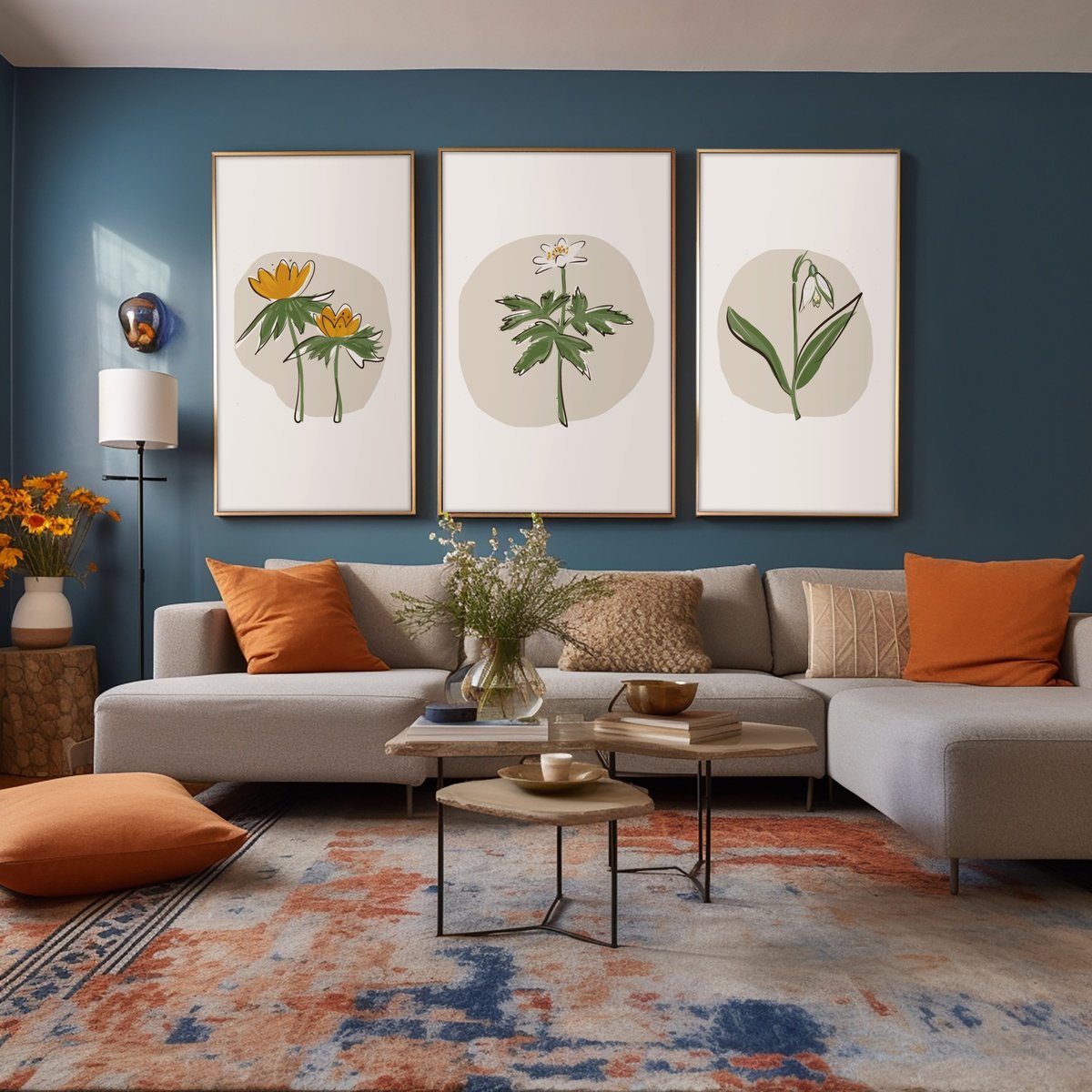 Botanical Giclee Print By Emma Evans-Freke, 12 X 17, Triptych Wild Spring Flowers, Original Artwork