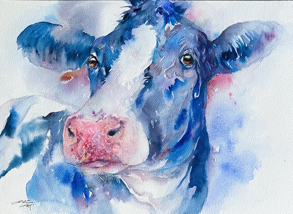 Impressionistic Animal Watercolour By Arti Chauhan, 14 X 10, Blue Etna_The Cow, Original Artwork