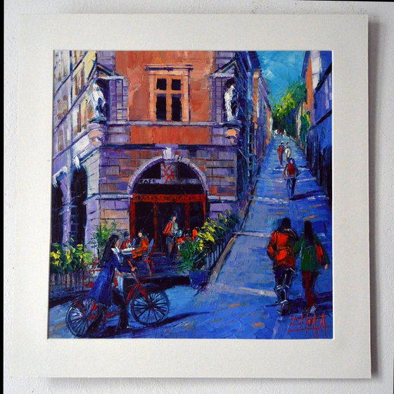 CAFE DU SOLEIL - contemporary impressionist palette knife oil painting