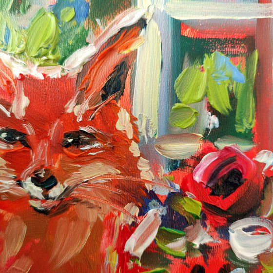 Fox Tea Time. Oil Painting