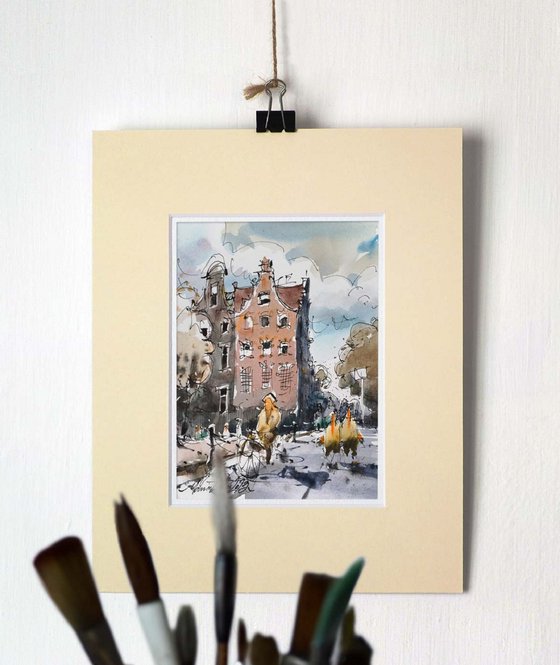 Amsterdam, ink and watercolor urban sketch painting.