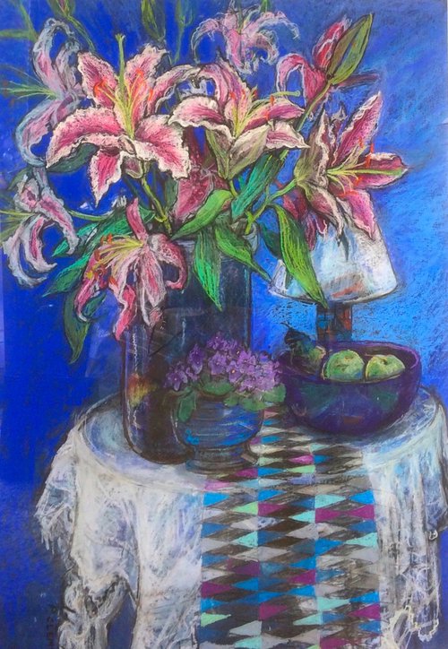Lilies African Violets and apples still life by Patricia Clements