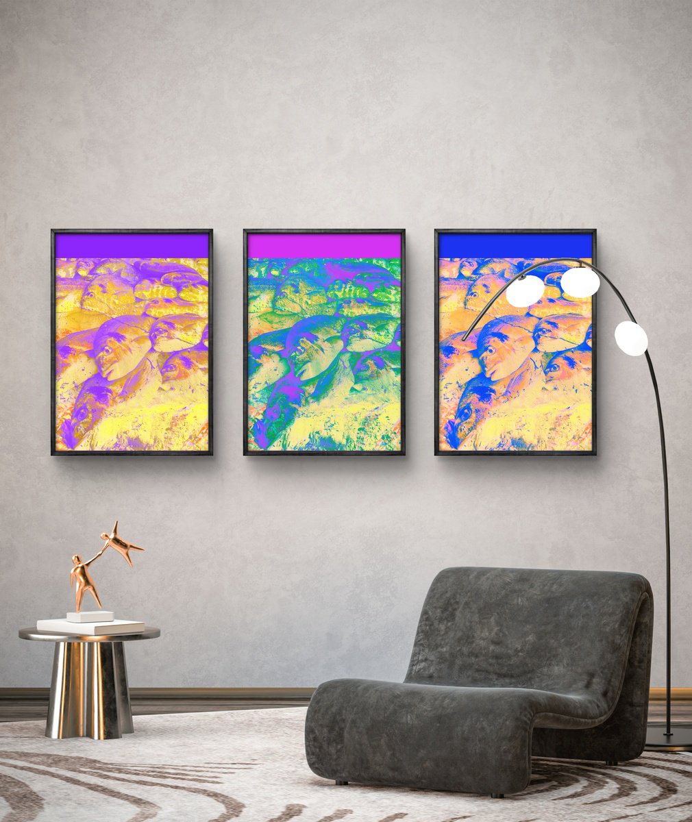 Abstract Animal Giclee Print By Yuliia Sharapova, 51 X 22", Set Of 3. Colorful Fishes, Original Artwork