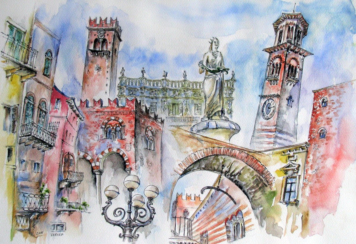 Impressionistic Cityscapes Watercolour By Szekelyhidi Zsolt, 19 X 13", Verona - The City Of Love, Original Artwork