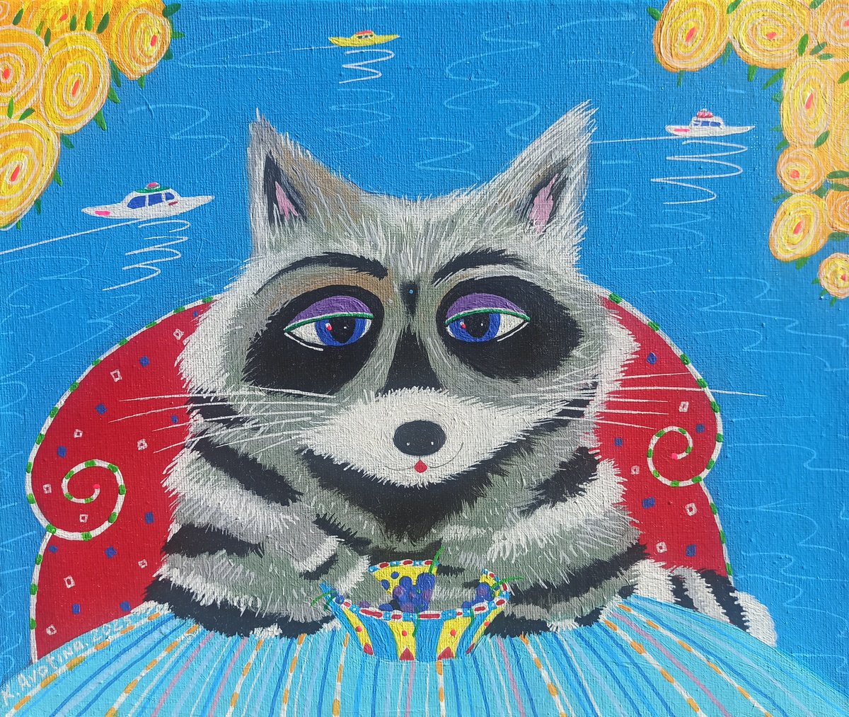 Impressionistic Animal Acrylic Painting By Katrina Avotina, 12 X 10", A Cup Of Mischief, Original Artwork