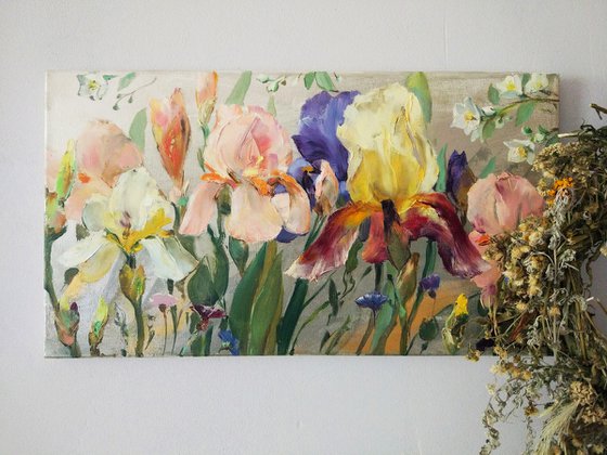 Irises and silver. Original oil painting