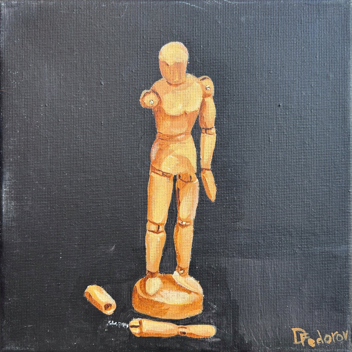Impressionistic Still Life Acrylic Painting By Dmitry Fedorov, 8 X 8, Still Life With Wooden Figure, Original Artwork