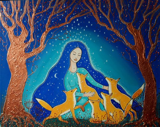 Night Goddess and the Foxes - Goddess Painting - Fox Art - Mystical Art - Pagan - Wiccan