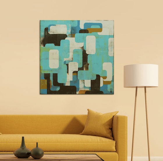 Layer Player in Blue- Abstract Painting - Ronald Hunter - 35.4x35.4" - 90x90CM - 8M